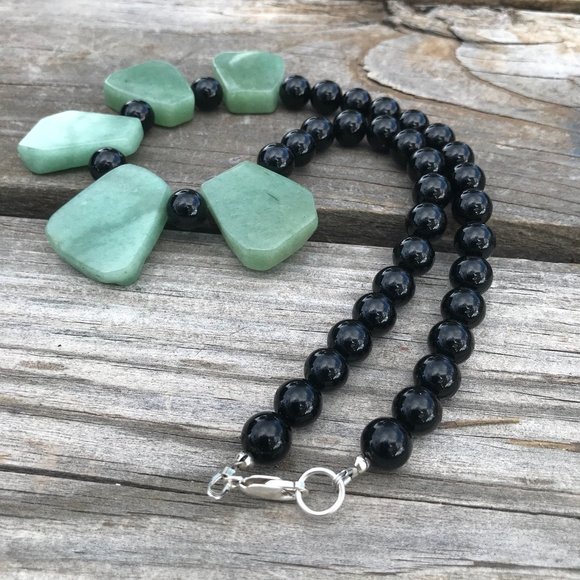 Genuine Natural Jade Nephrite Black Onyx Cleopatra Necklace Sterling Silver 925 - Picture 11 of 13